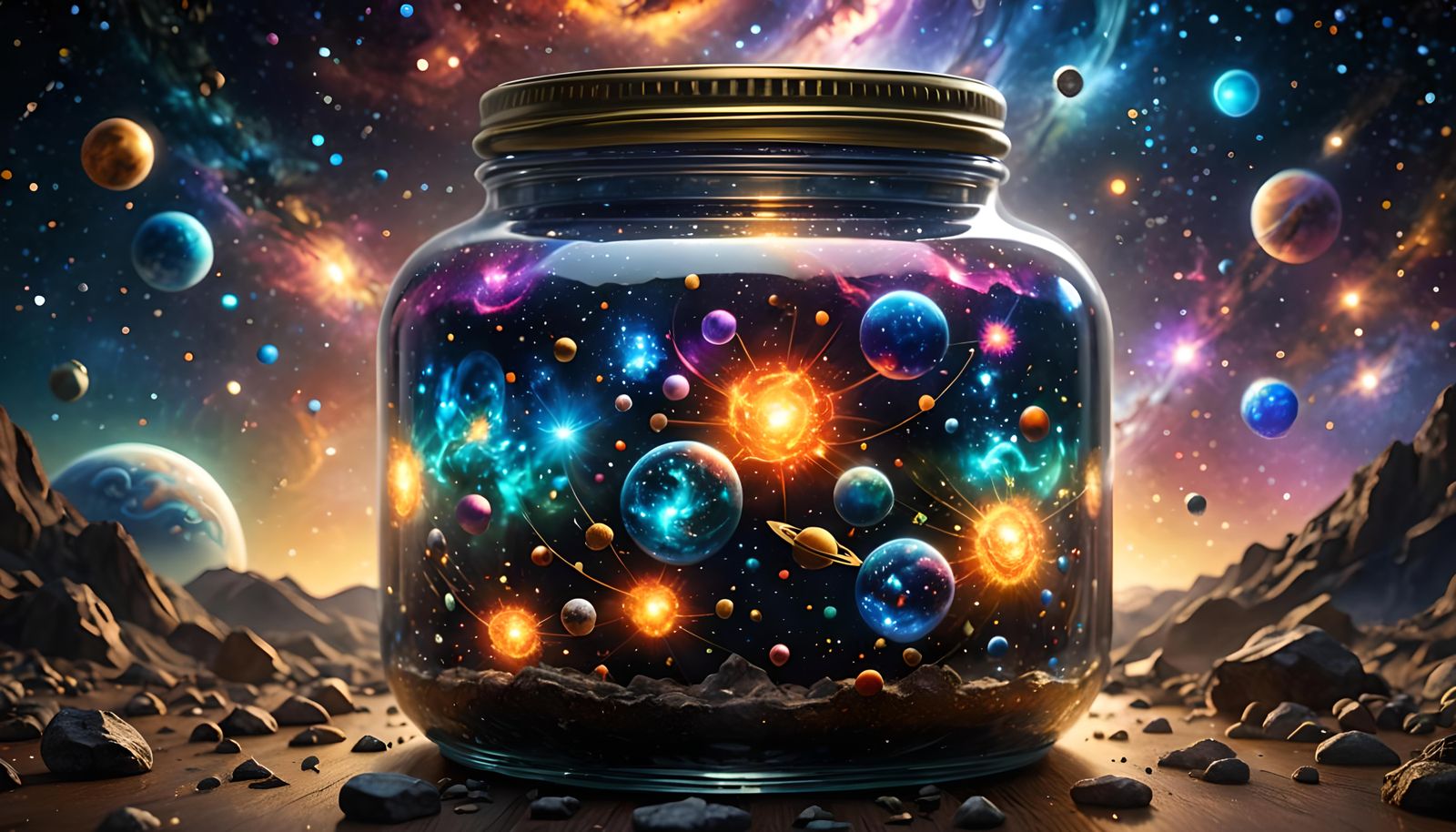 Cosmic Universe in Glass Jar: Photorealistic 3D Art