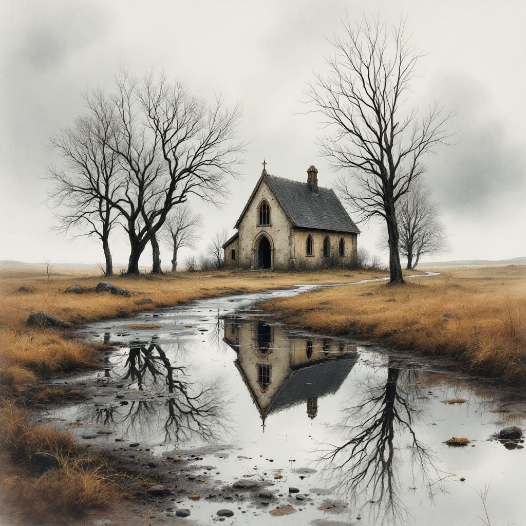 Gothic Church Reflection in Puddle Watercolour Painting