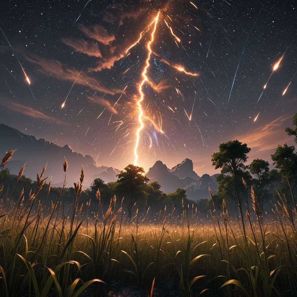 Night Meteor Shower Over Open Field: Digital Matte Painting