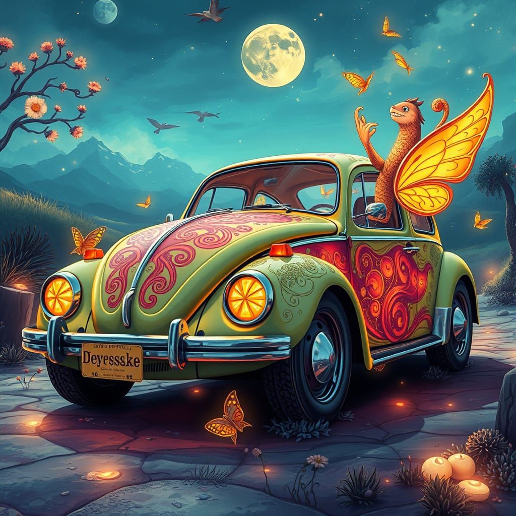 Whimsical VW Beetle Illustration with Magical Realism