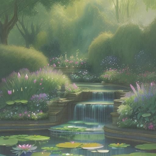 Misty Victorian Garden with Water Lilies in Watercolour