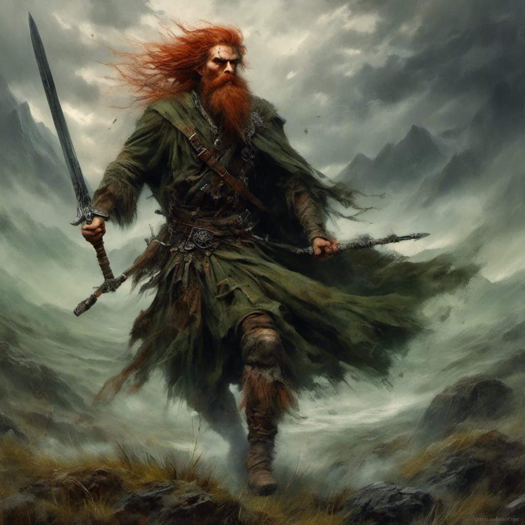 Scottish Highlander Swinging Claymore in Misty Landscape
