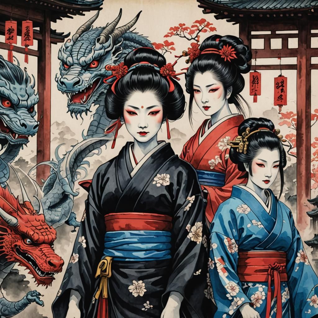 Geisha, Samurai, and Dragon in Japanese Ink Drawing