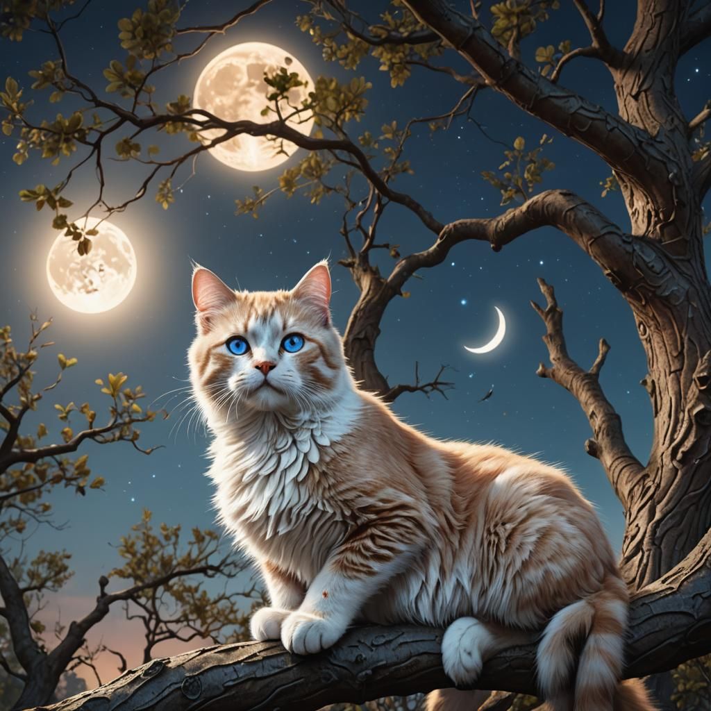 Blue-Eyed Cat Gazing at Moon, Detailed Matte Painting