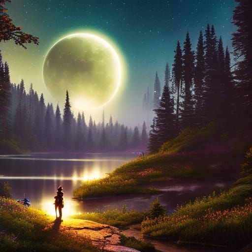 Mountain Lake Fireflies Under a Starry Night