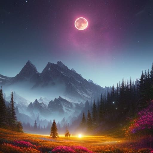 Ethereal Mountain Scene Under Full Moon