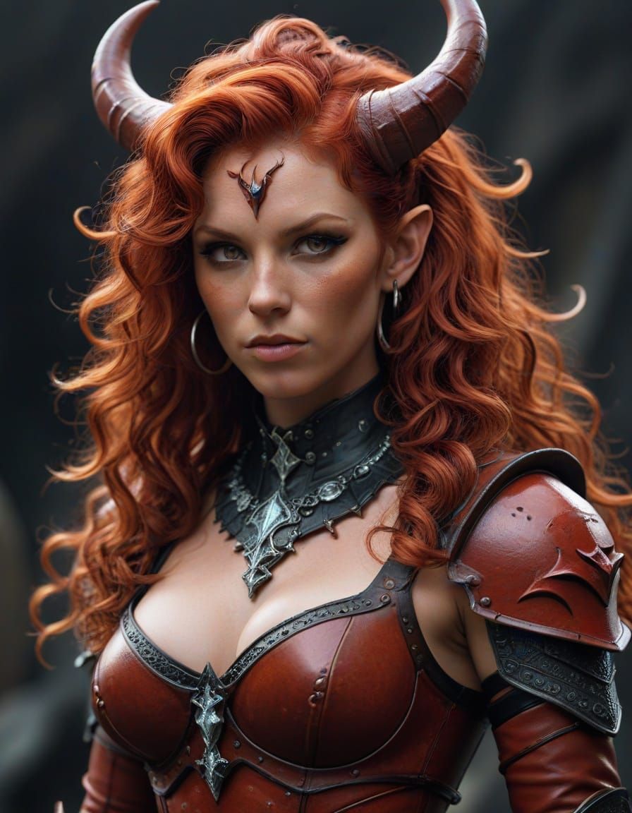 Sultry Tiefling Maiden in Red Leather Armor