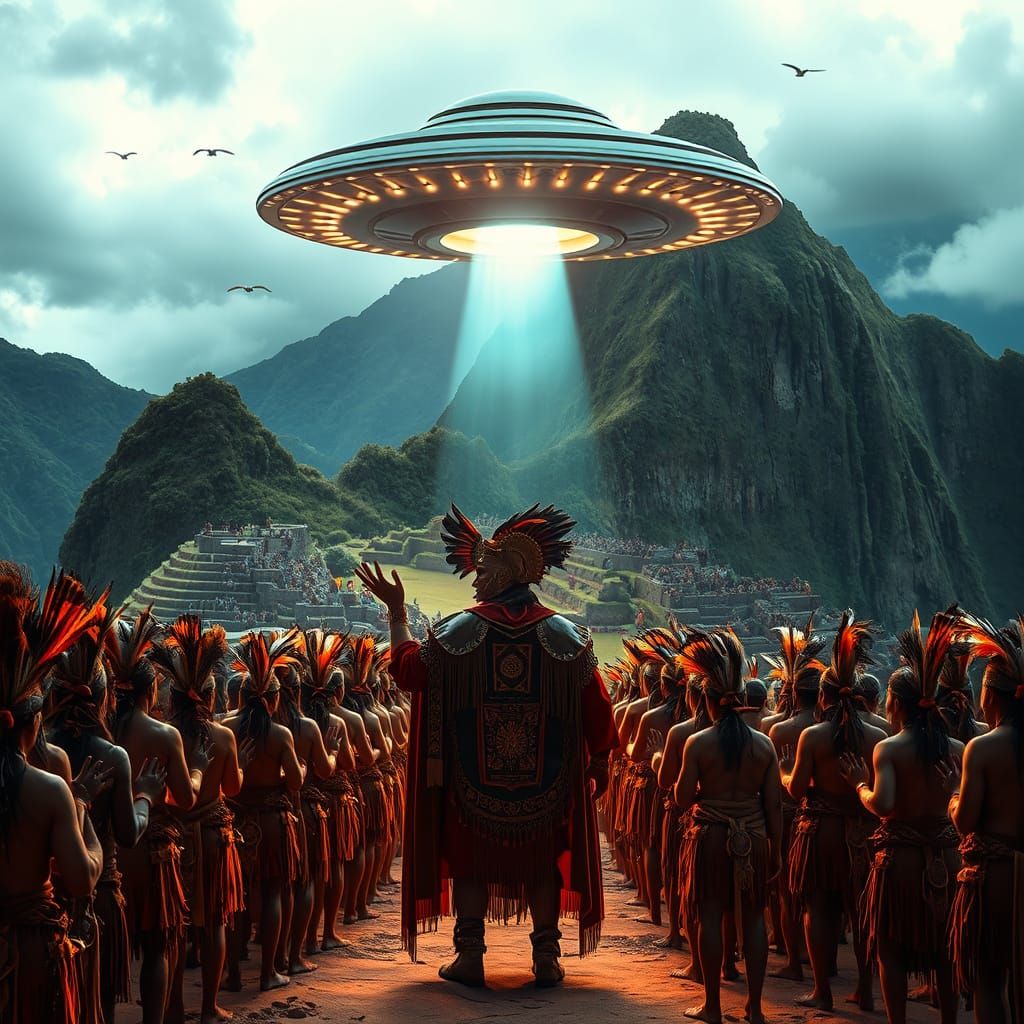 Mayan King Welcomes UFO in Machu Picchu in Cyberpunk Style