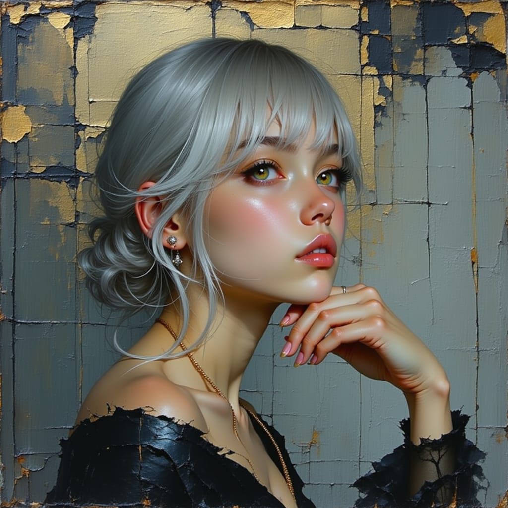 Elegant Woman in Dreamy Thought, Oil Realism Style