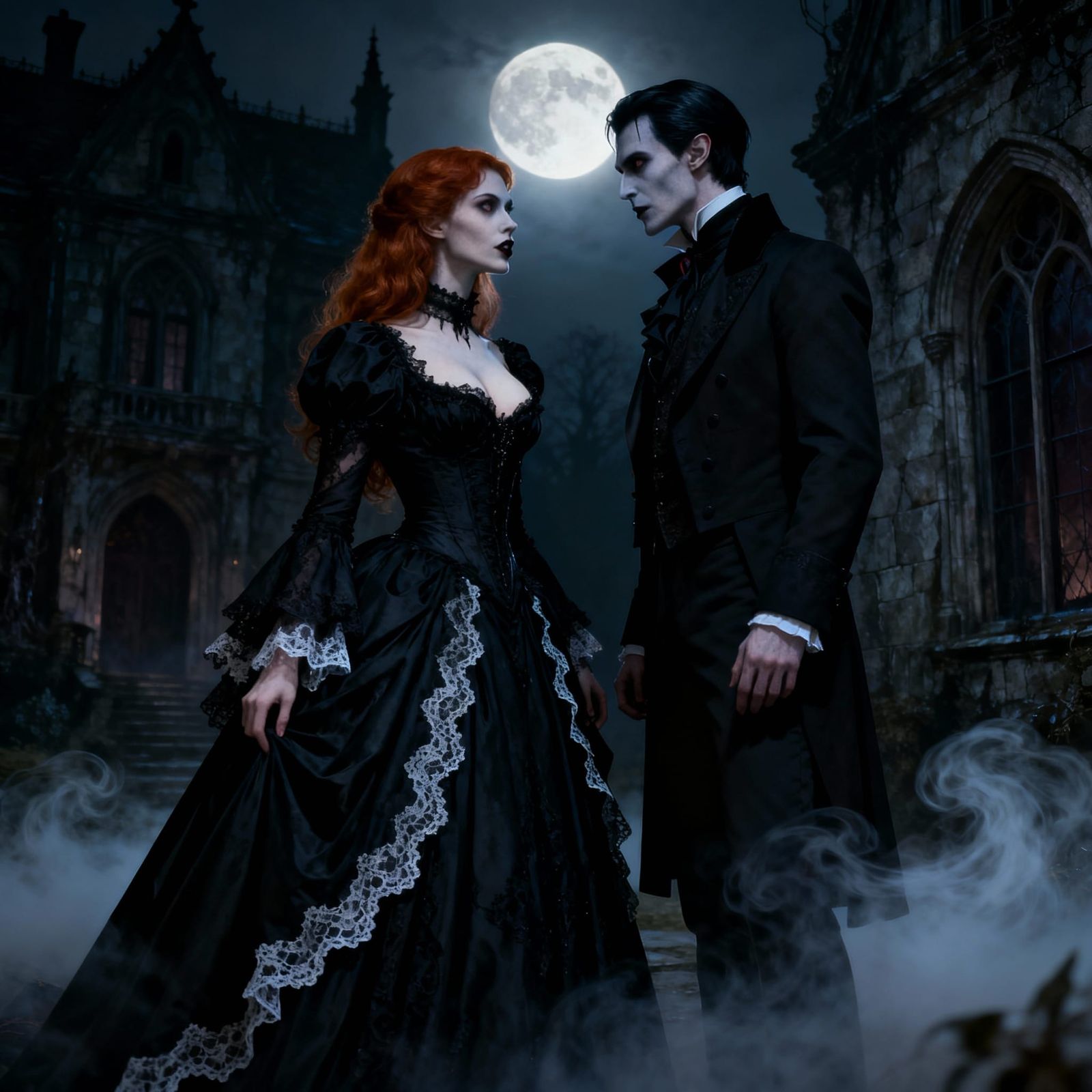 Vampire Couple Outside Gothic Mansion at Night