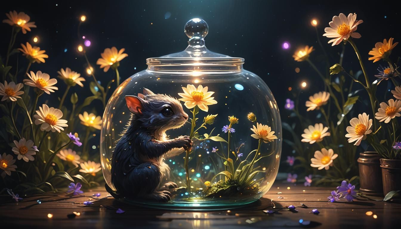 Magical Creature with Glowing Flower in Jar