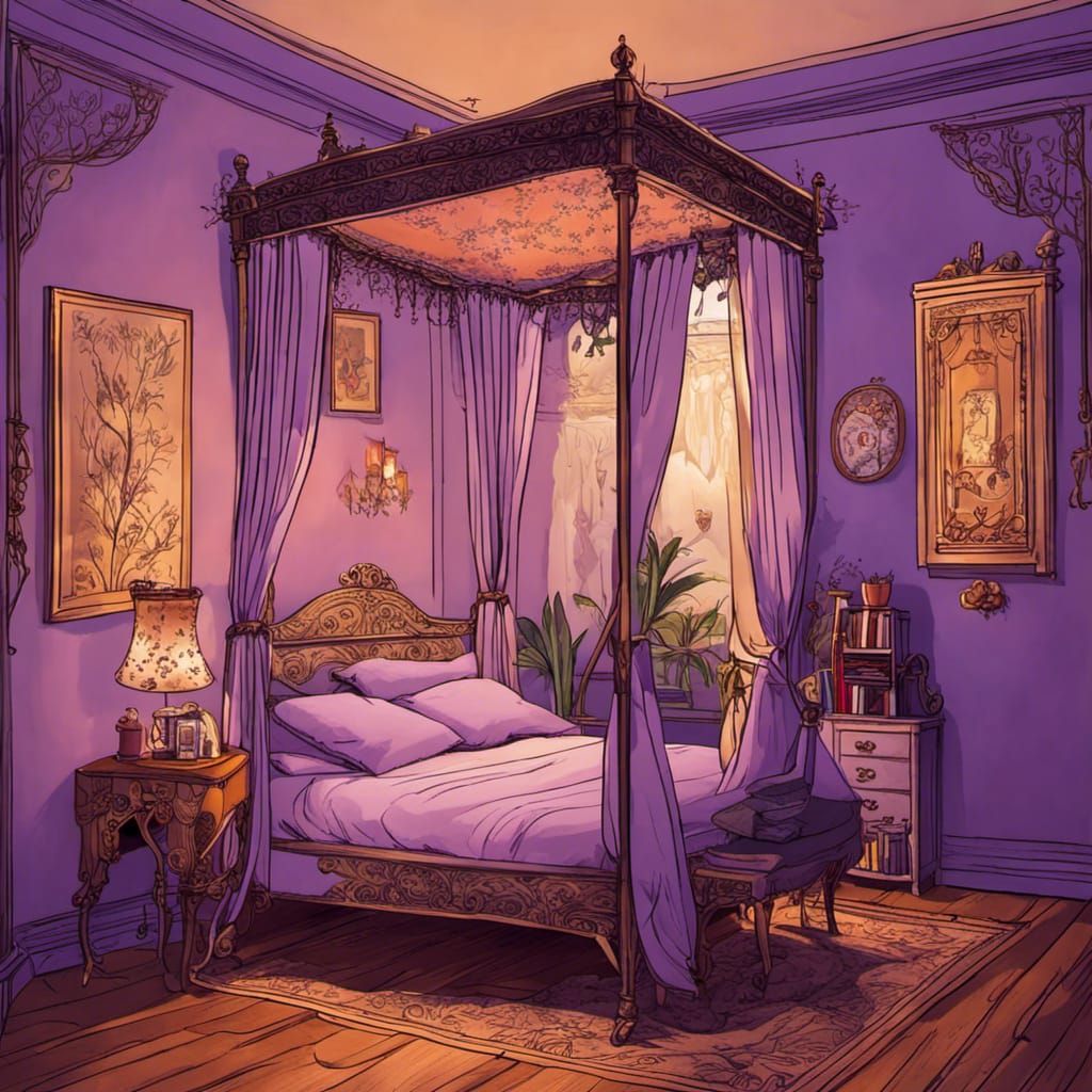 Cozy Purple Bedroom with Sleeping Cat