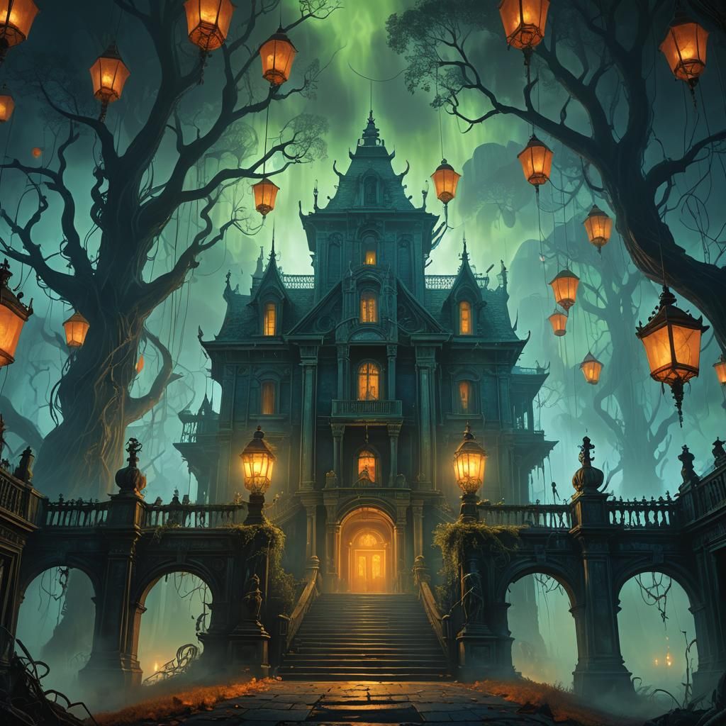 Haunted Mansion Concept Art in Giger and Beksiński Style