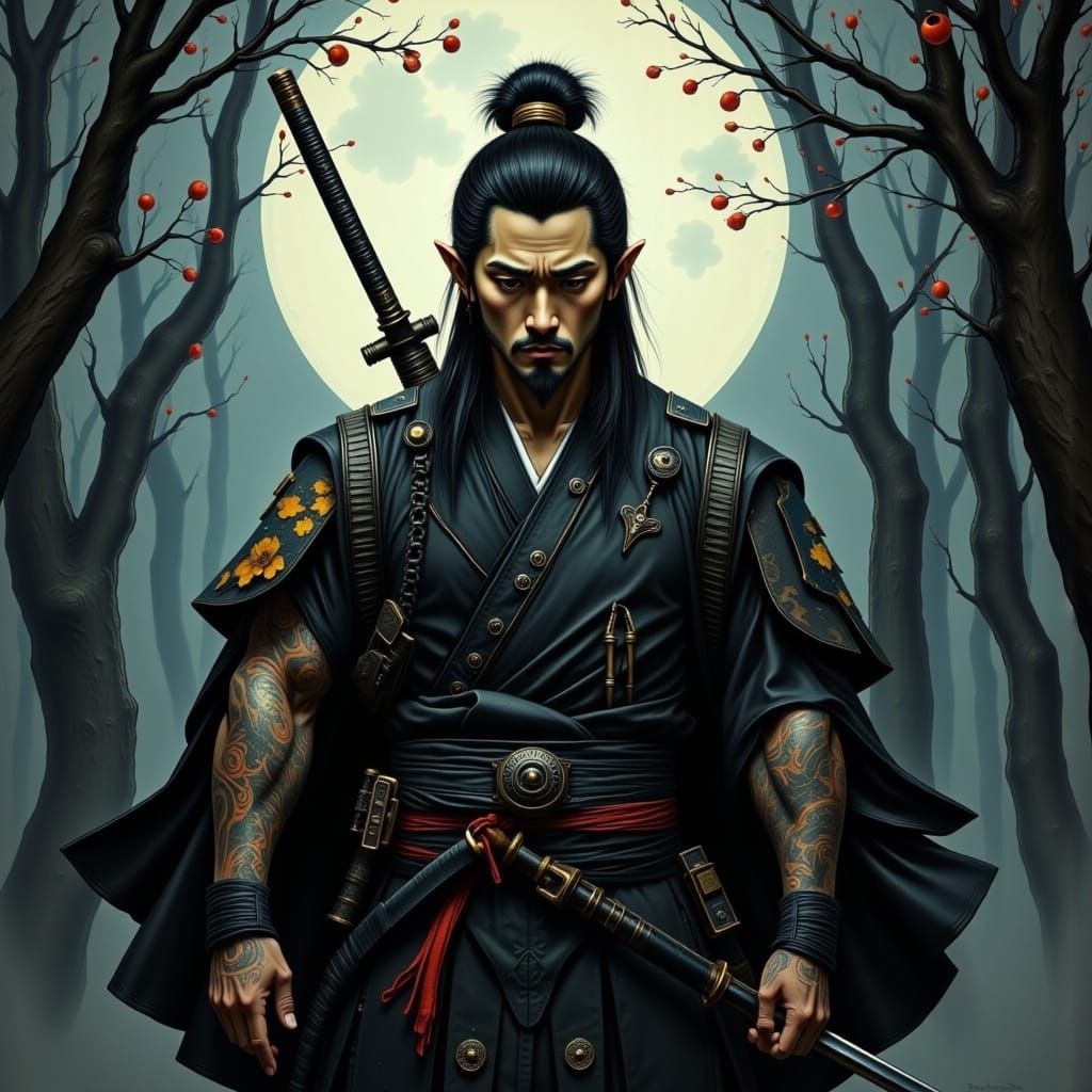 Tattooed Ninja in Moonlit Forest: Japanese Art Style