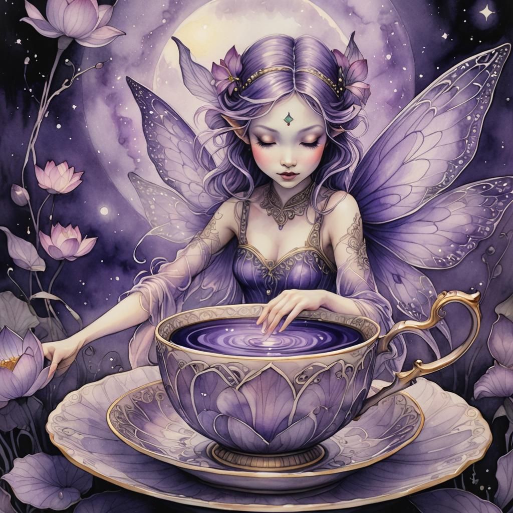 Glowing Lotus Fairy in Teacup: Ink Wash Painting