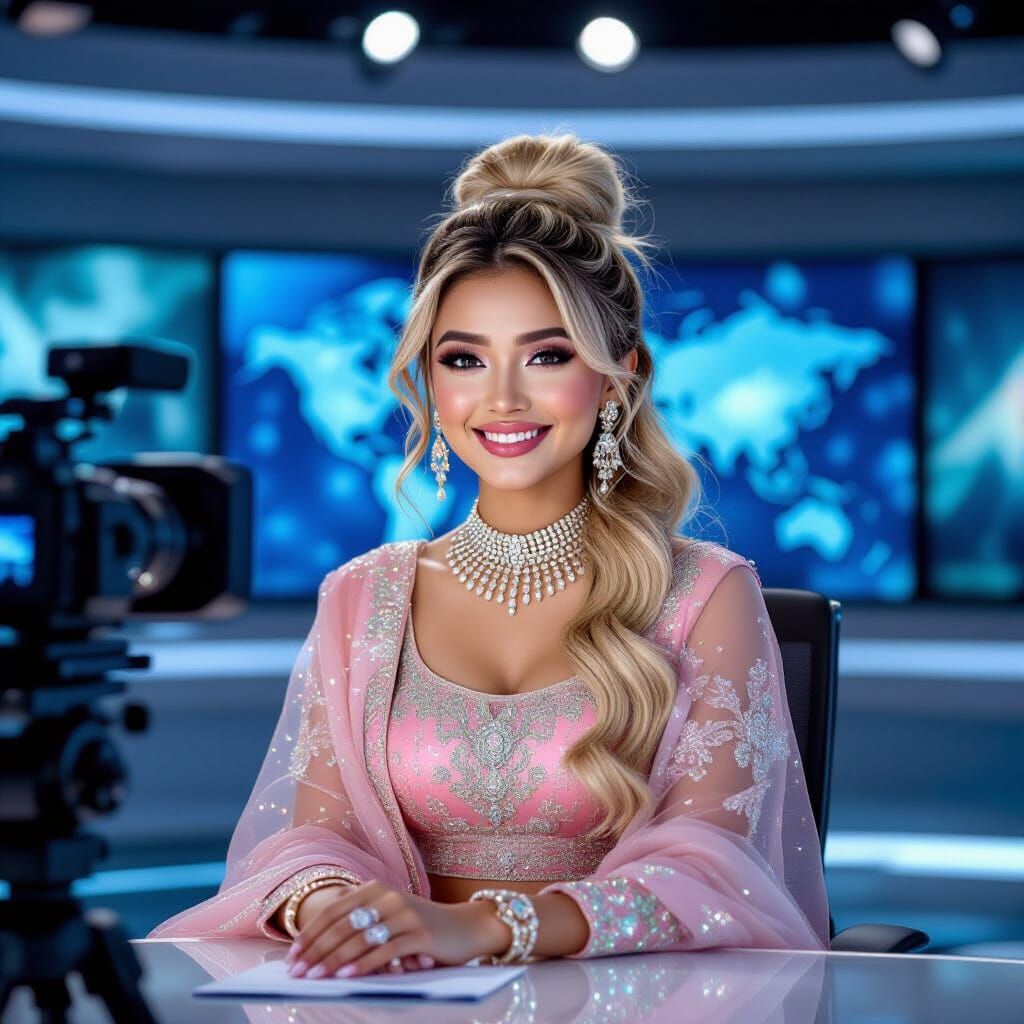 Malaysian Celestial Being at News Desk - Photorealistic