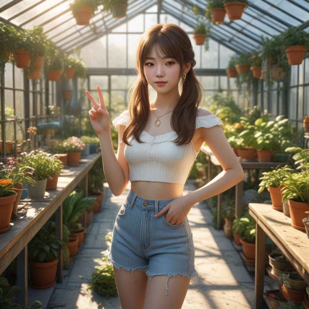 Japanese Woman in Greenhouse: Hyperrealistic Digital Art