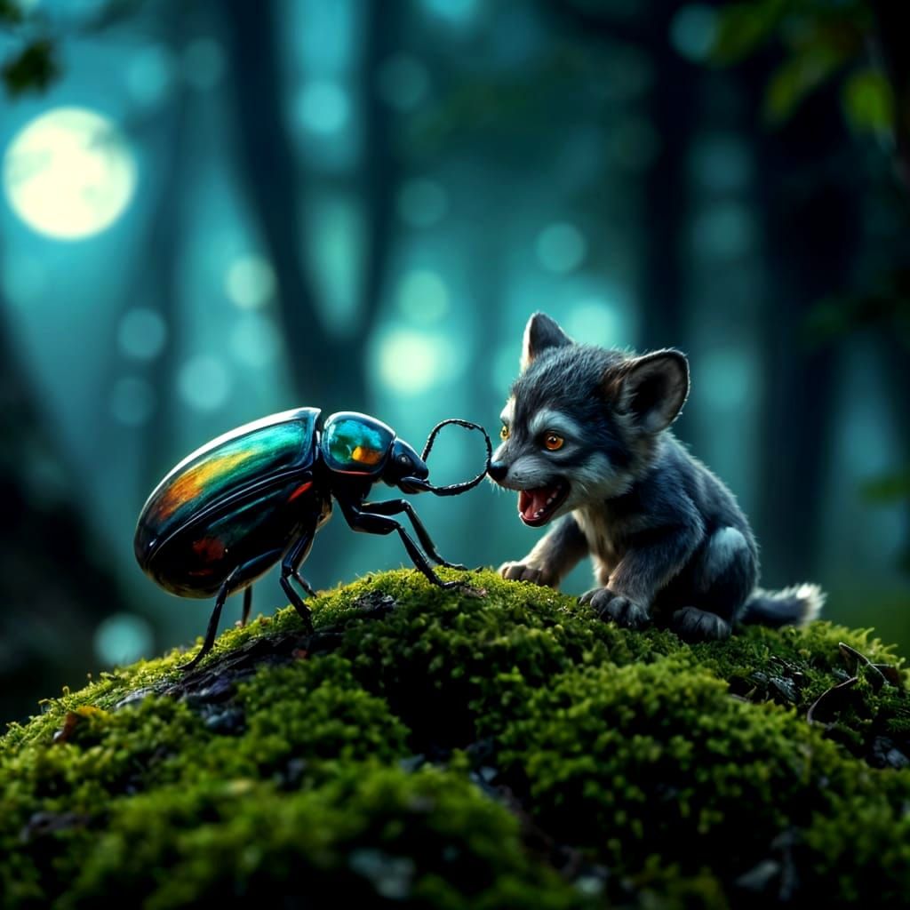 Tiny Werewolf Fights Beetle in Moonlight