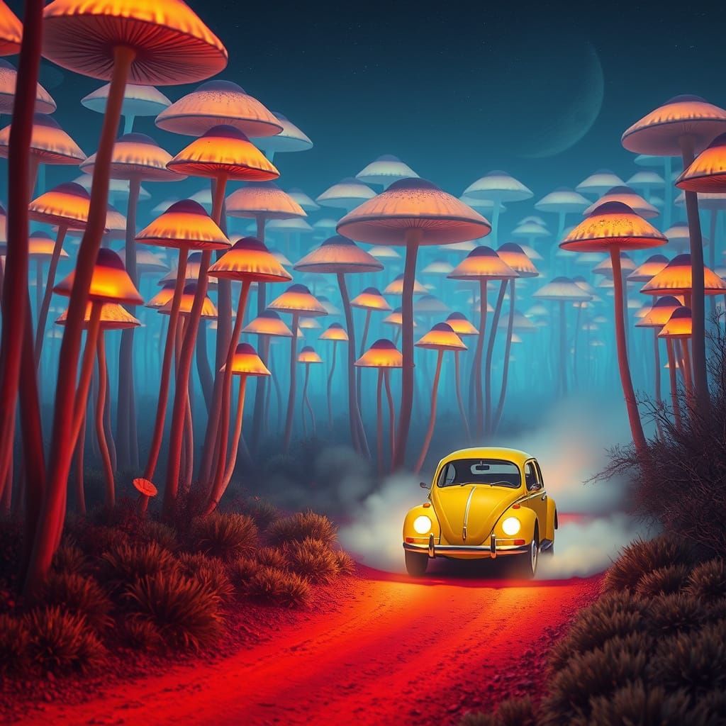 Bioluminescent Mushroom Field with Vintage VW Bug