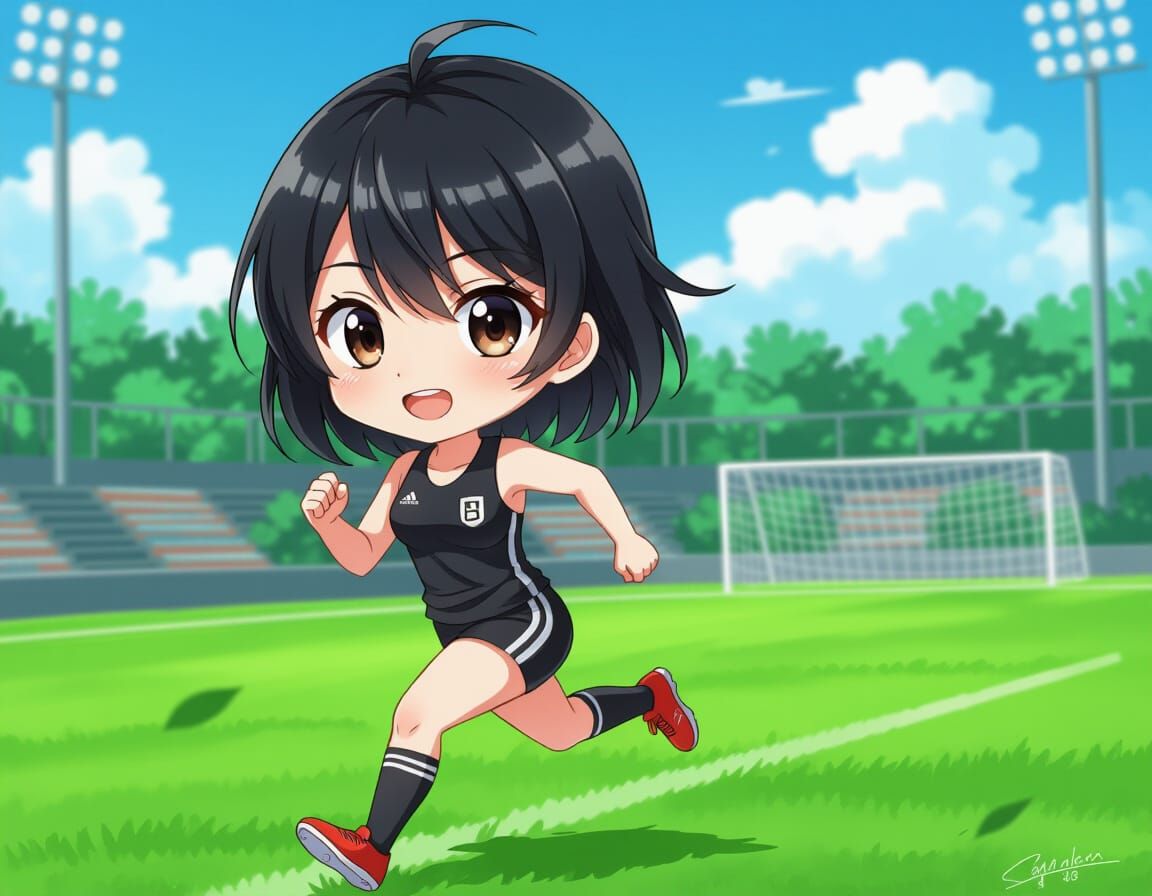 Anime Chibi Woman Running on a Field