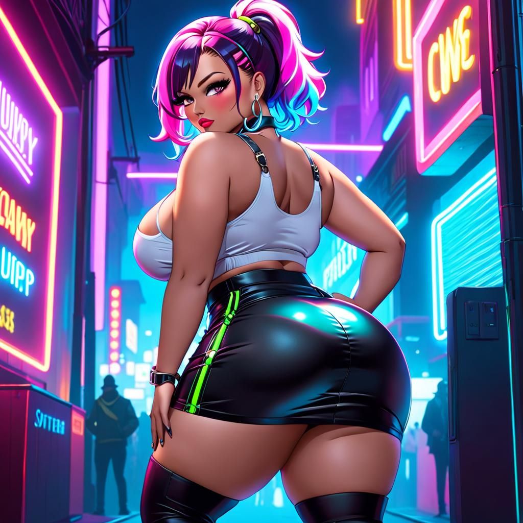 Curvy Woman in Neon Cityscape