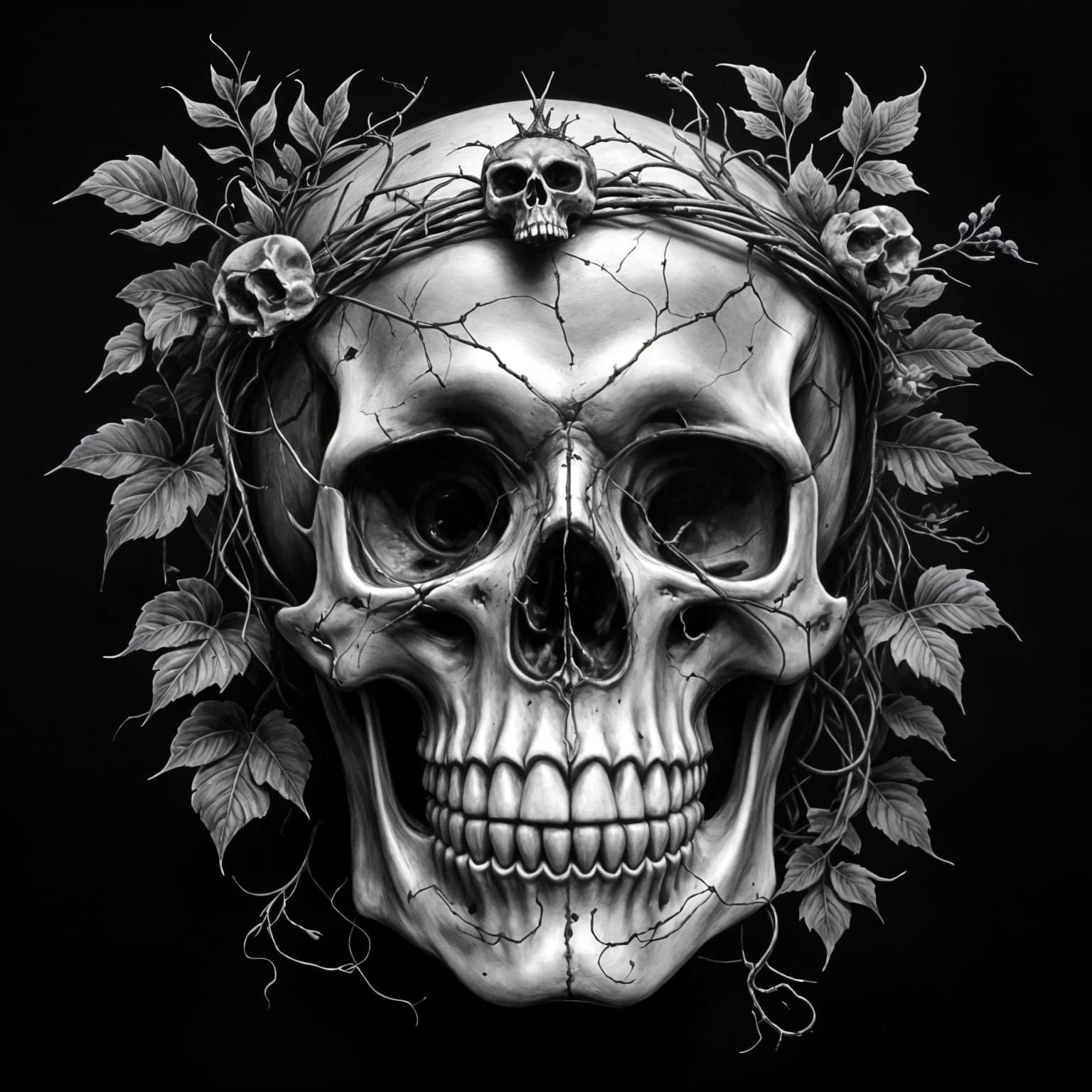 Regal Skull Charcoal Drawing in Monochromatic Shades