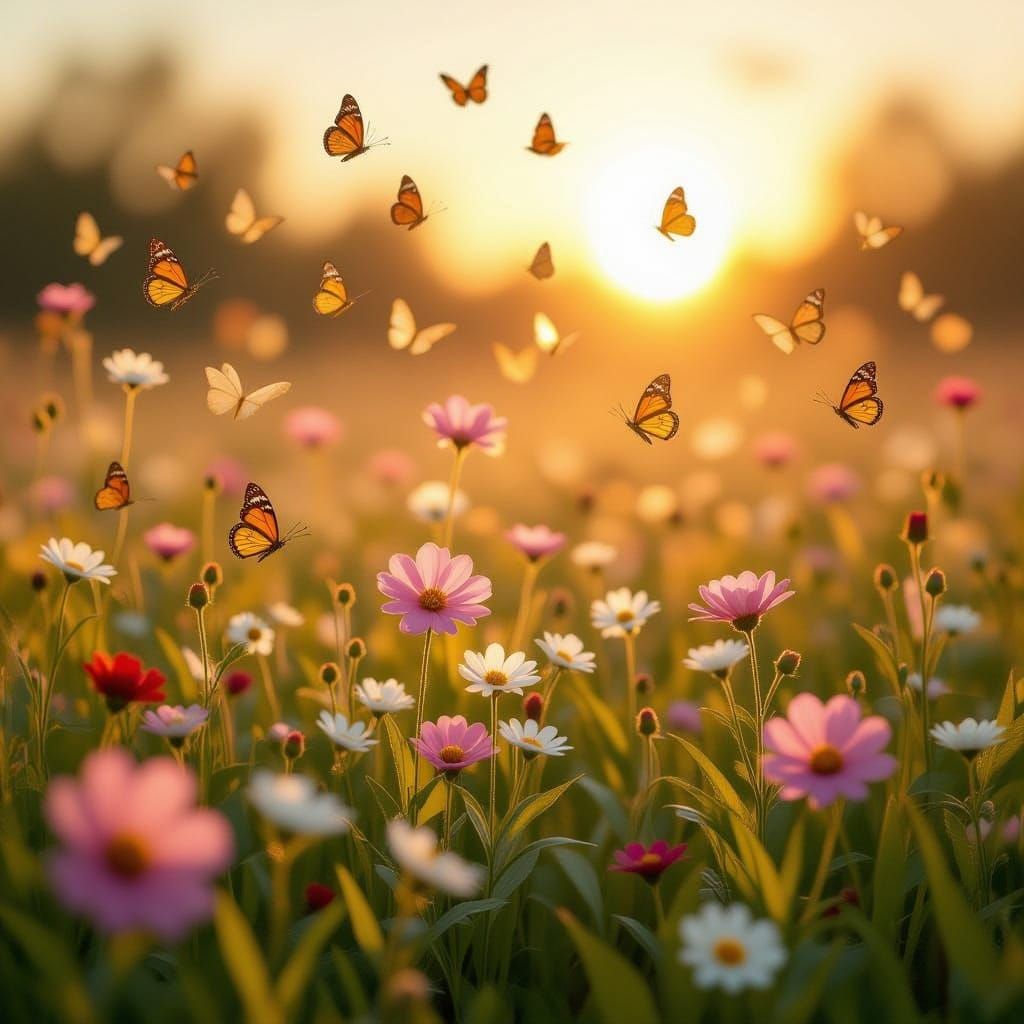 Radiant Butterfly Meadow at Golden Hour