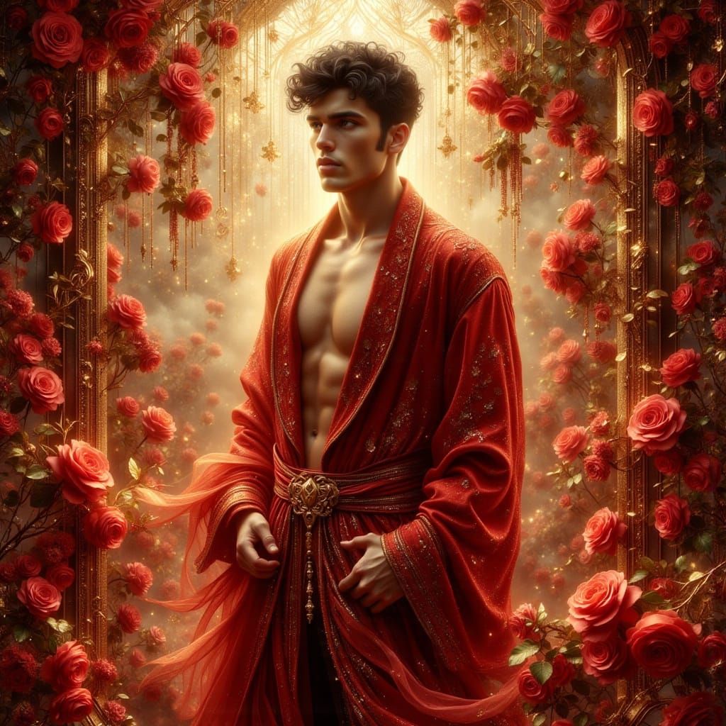 Man in Crimson Robe with Roses, Art Nouveau Punk
