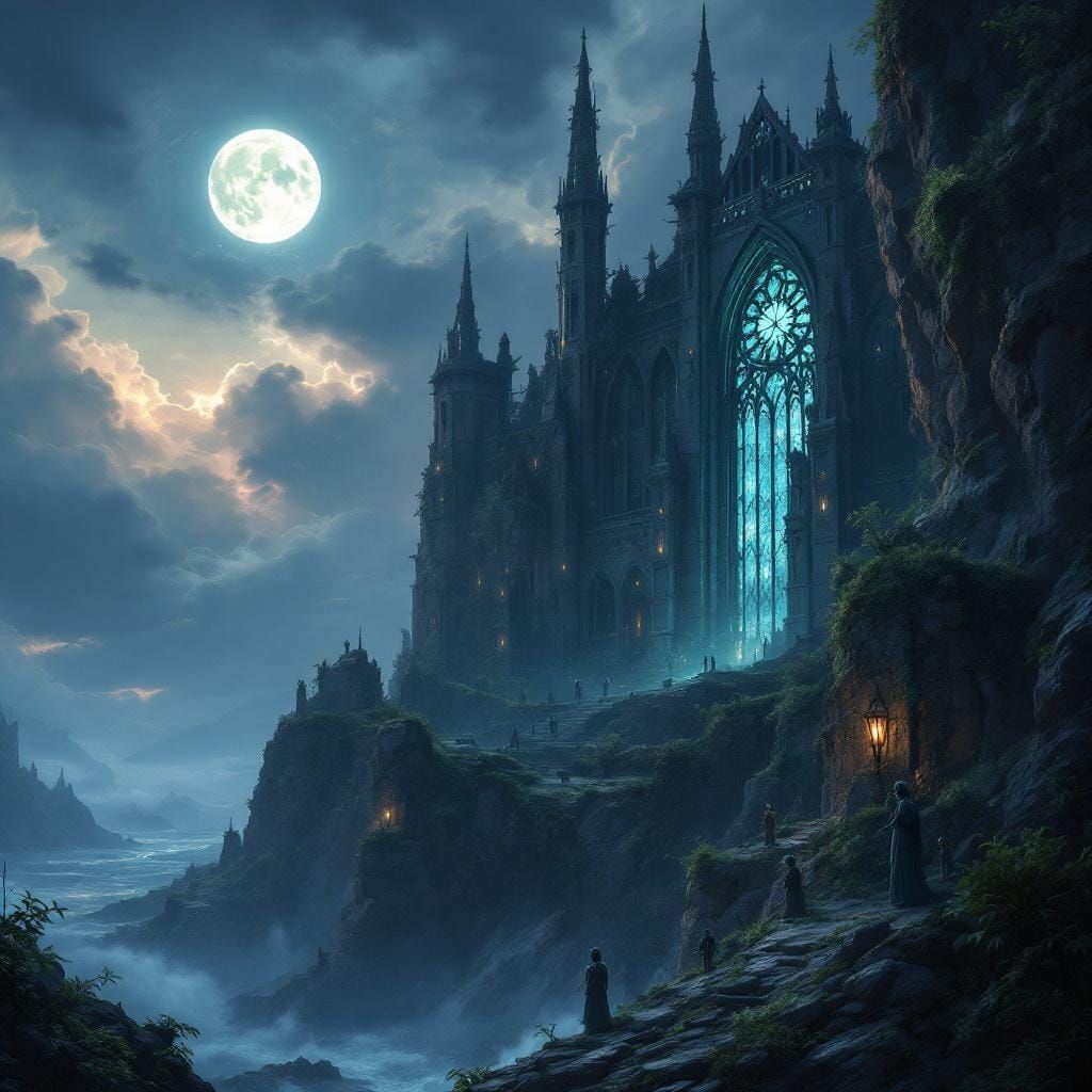 Cliffside Cathedral with Shattered Stained Glass