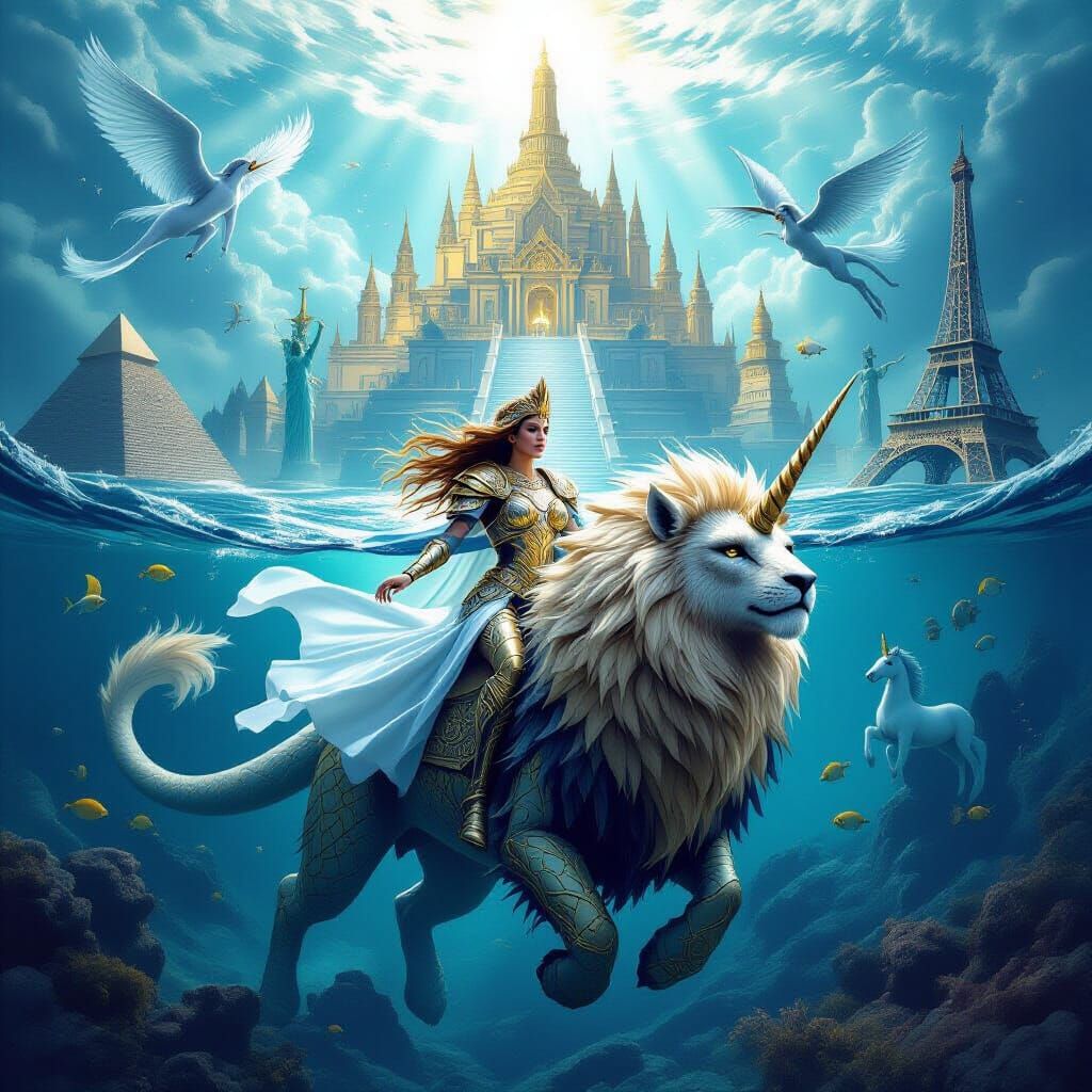 Epic Fantasy: Armored Woman on Lion-Dragon