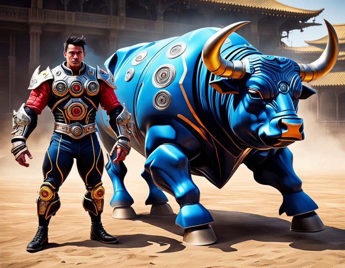 Cyber Bull and Bullfighter in Futuristic Arena