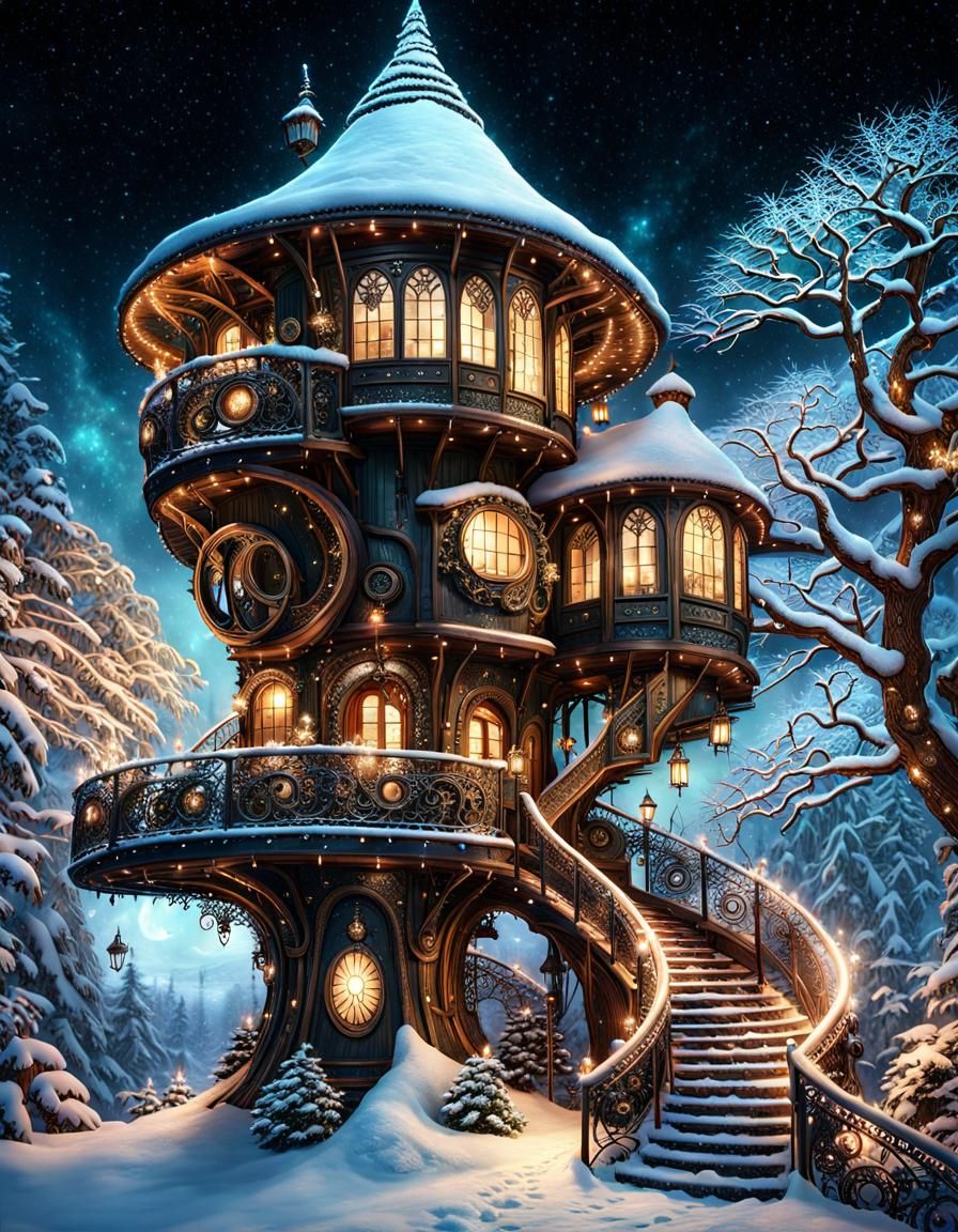 Steampunk Treehouse in Winter Fairytale Illustration