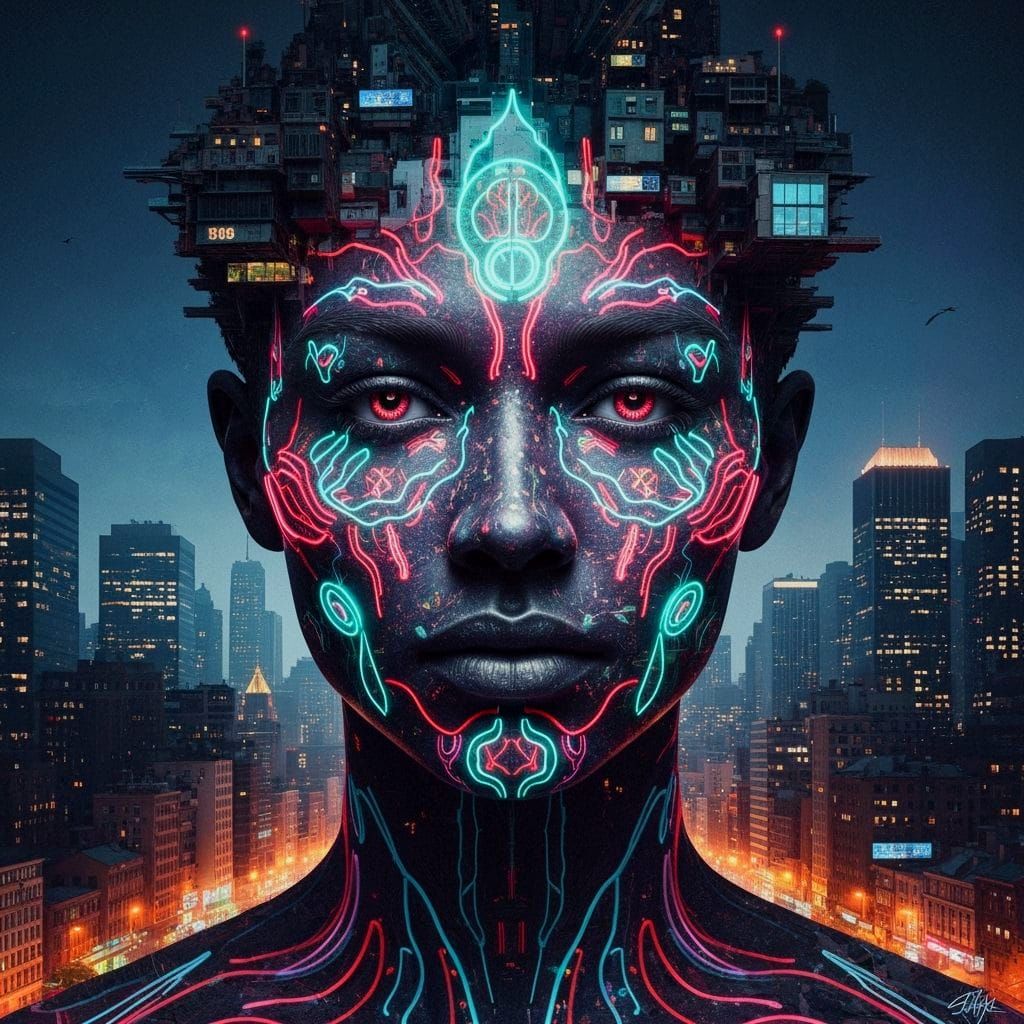 Surreal Cityscape Face Blending Urban and Organic