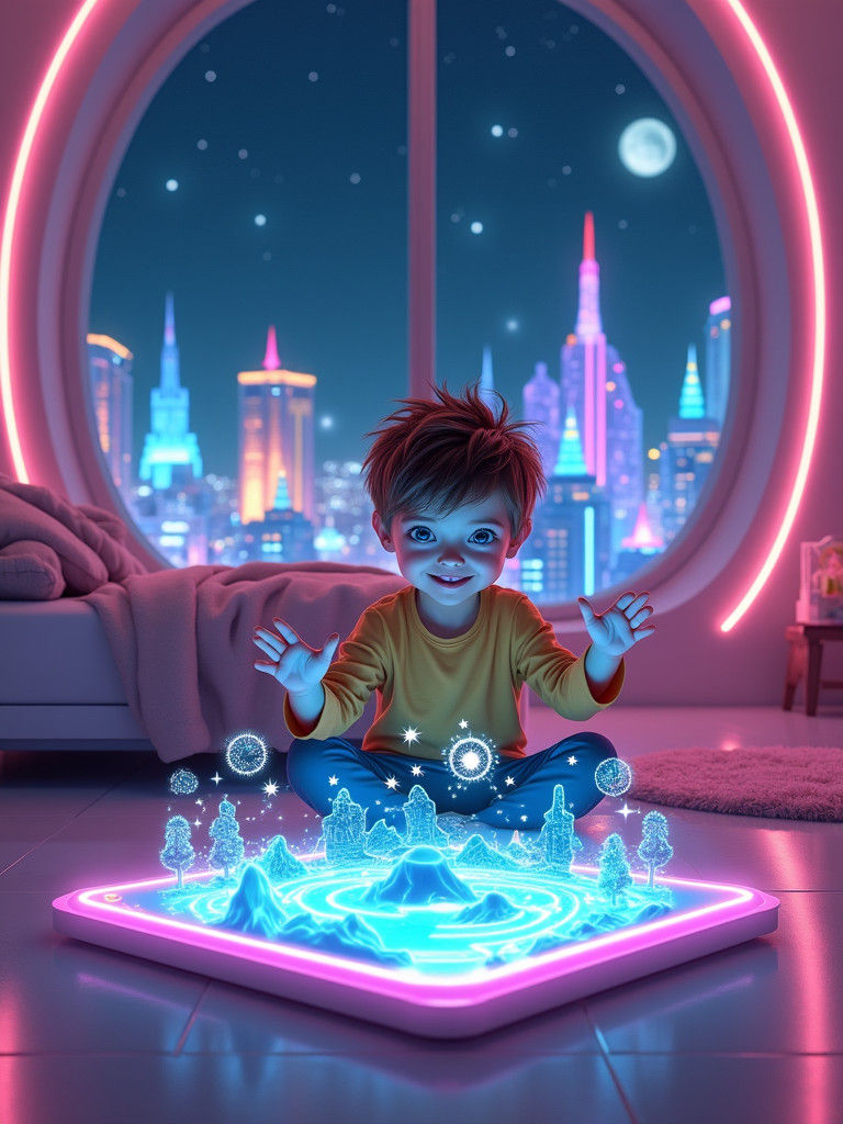 Futuristic and scifi themed illustrated holographic hologram childrens toy. A cute boy child no older than 5 is playing ...