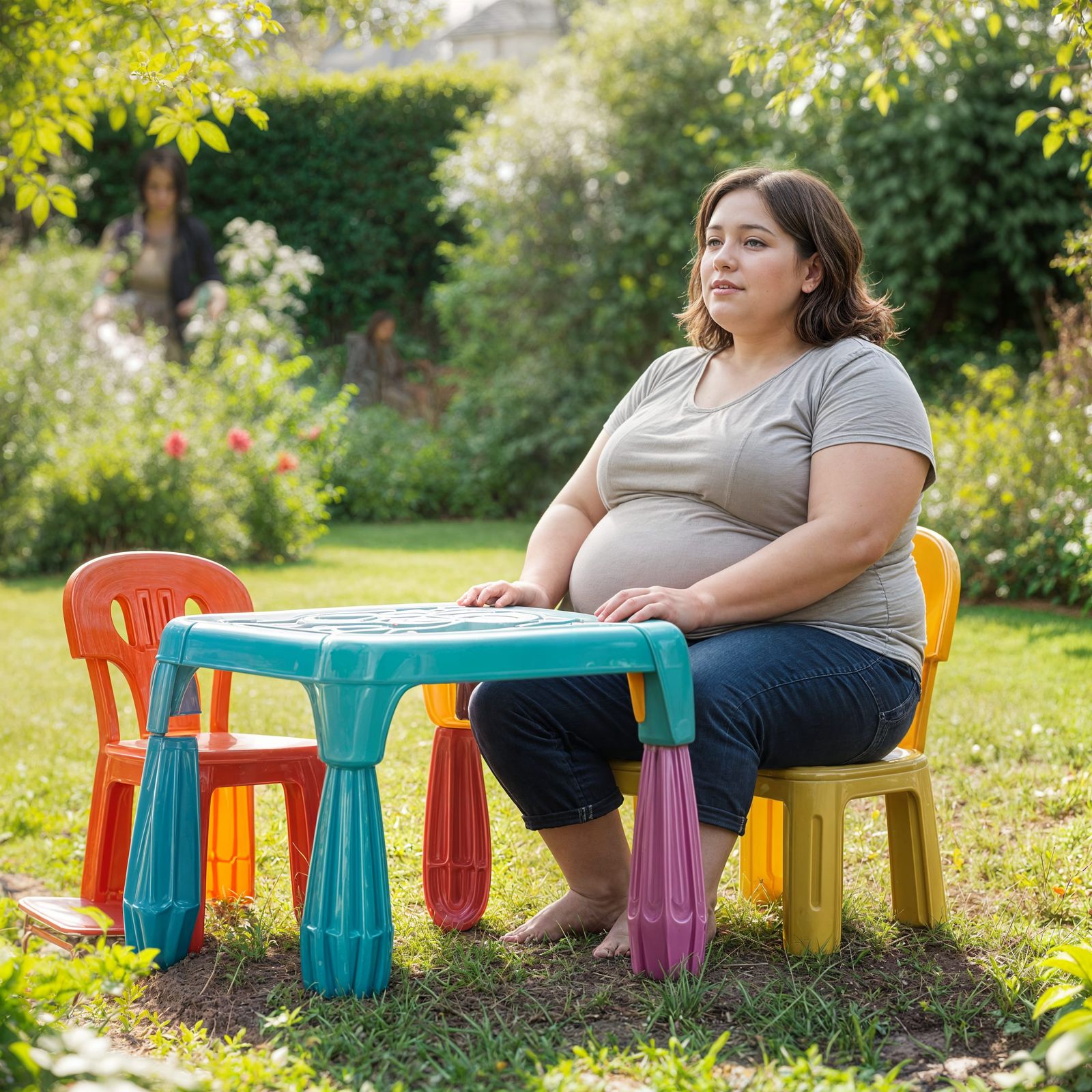 Full Figure Woman Sits on Child's Chair in Garden
