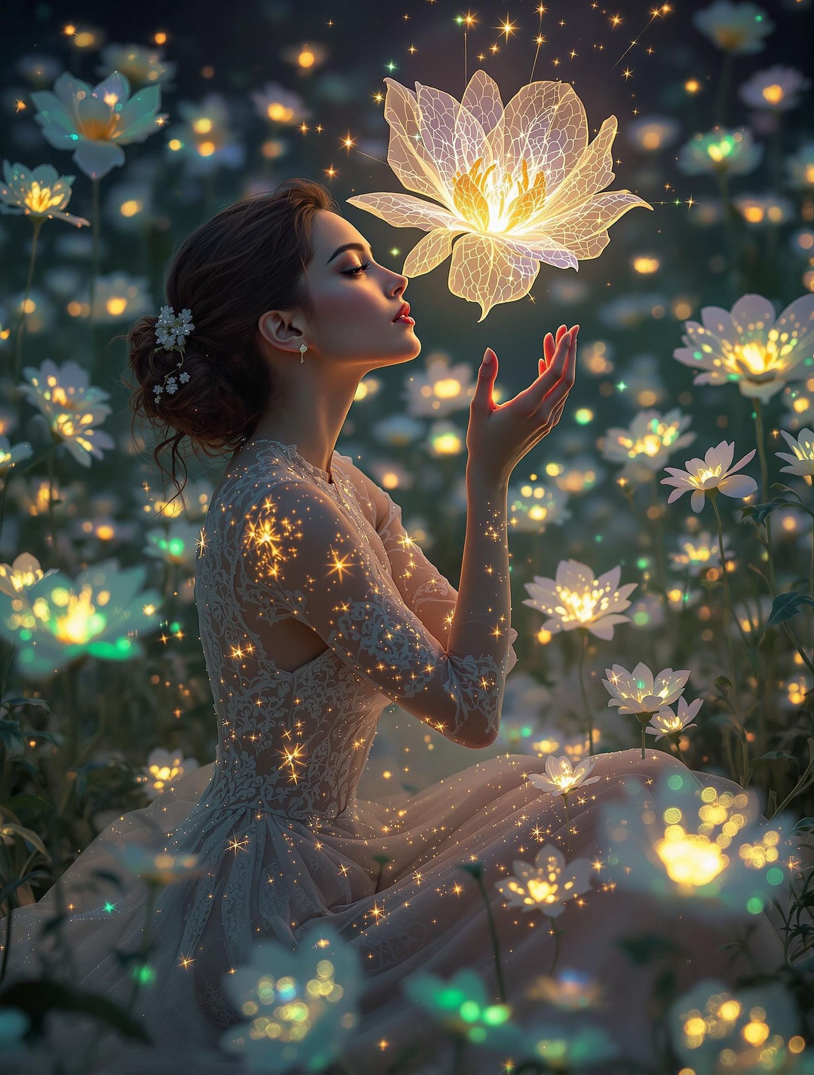 Woman in Radiant Floral Wonderland with Surreal Glowing Text...