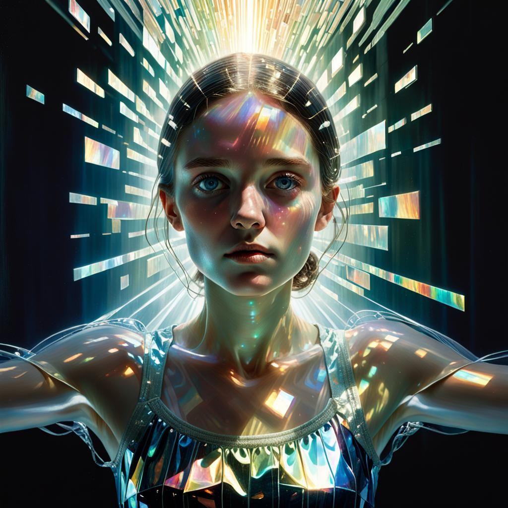 Iridescent Reflections in a Mirrored Hall, Digital Illustrat...