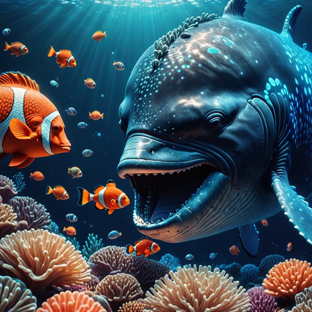 Surreal Whale Kisses Clownfish in Dreamlike Ocean