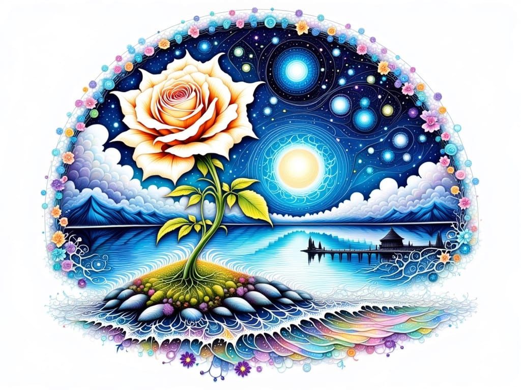 Ethereal Rose Blooms on a Starlit Lake Island