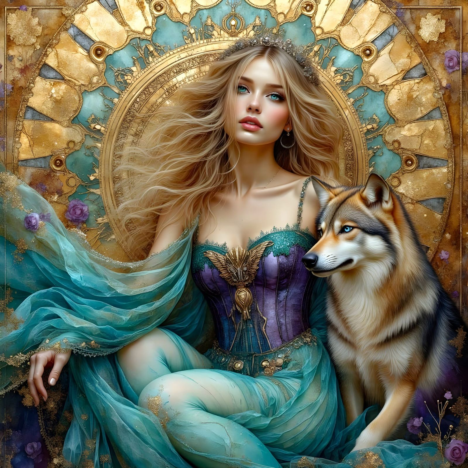 Sensual Woman with Wolf in Oil Painting Style