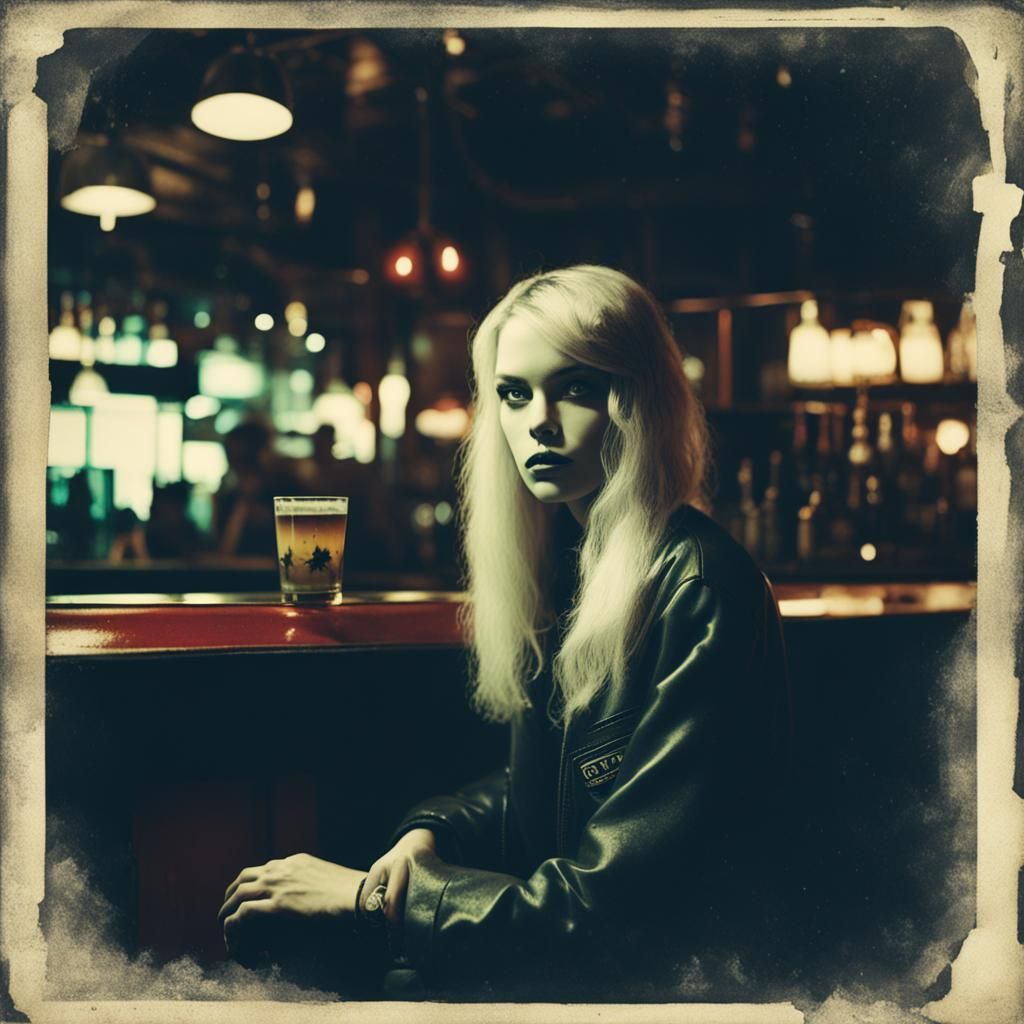 Gothic Woman in Cyberpunk Bar: Polaroid Photography