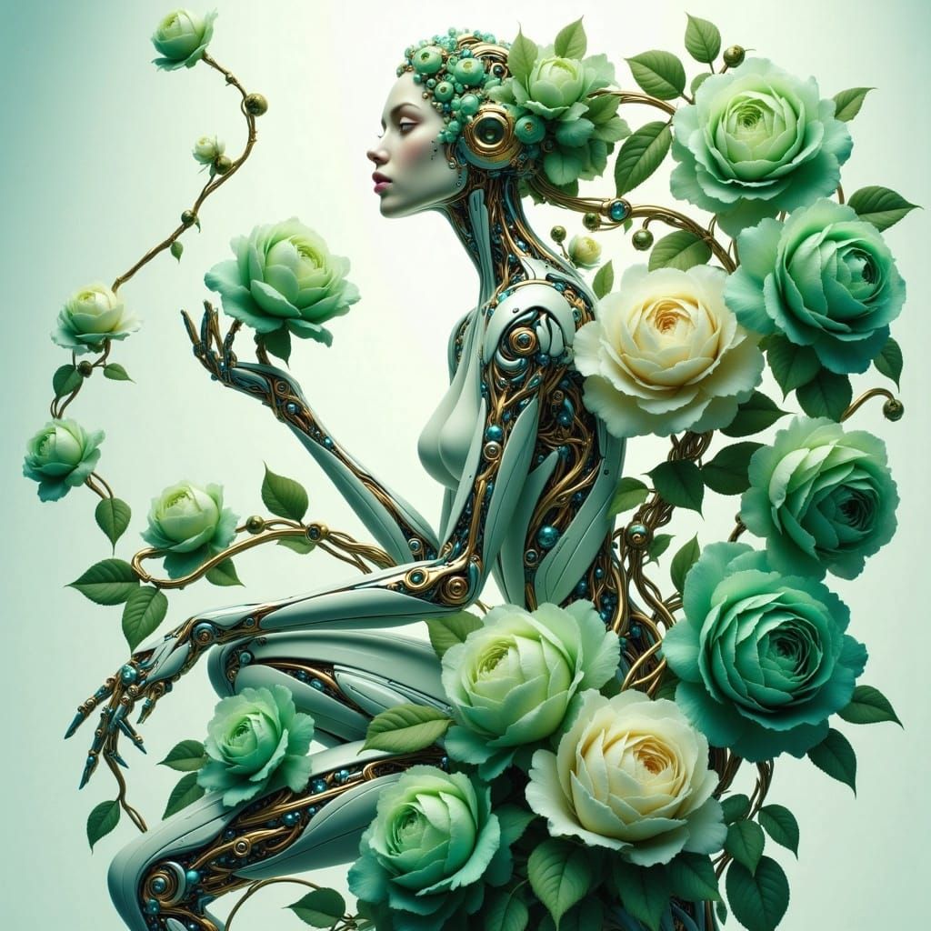 Robotic Woman Adorned with Roses in Art Nouveau Style