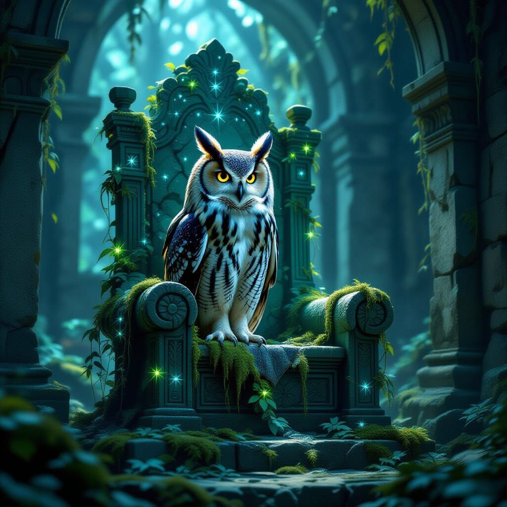 Majestic Constellation Owl on Throne in Ruined Temple