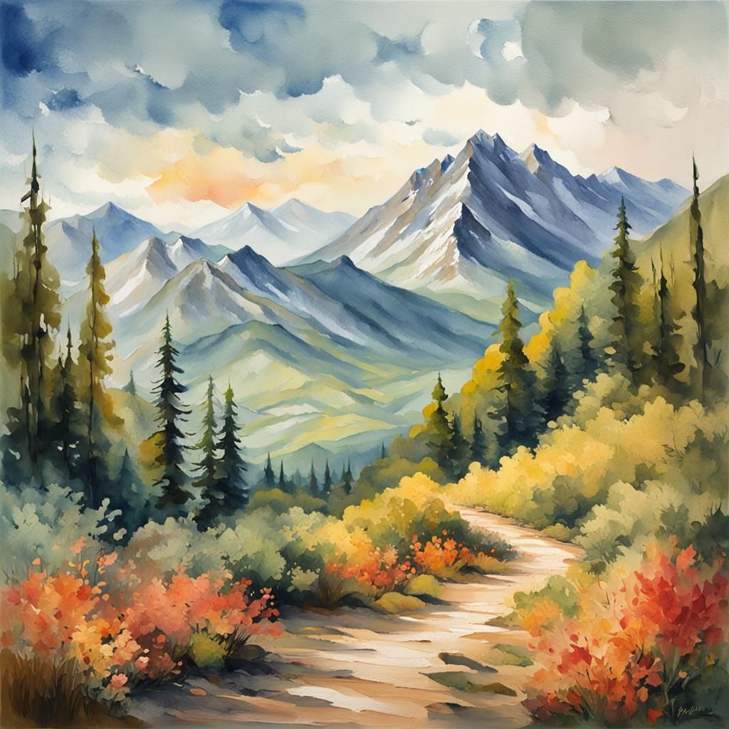 Mountain Scenic View in Gouache Watercolor Style