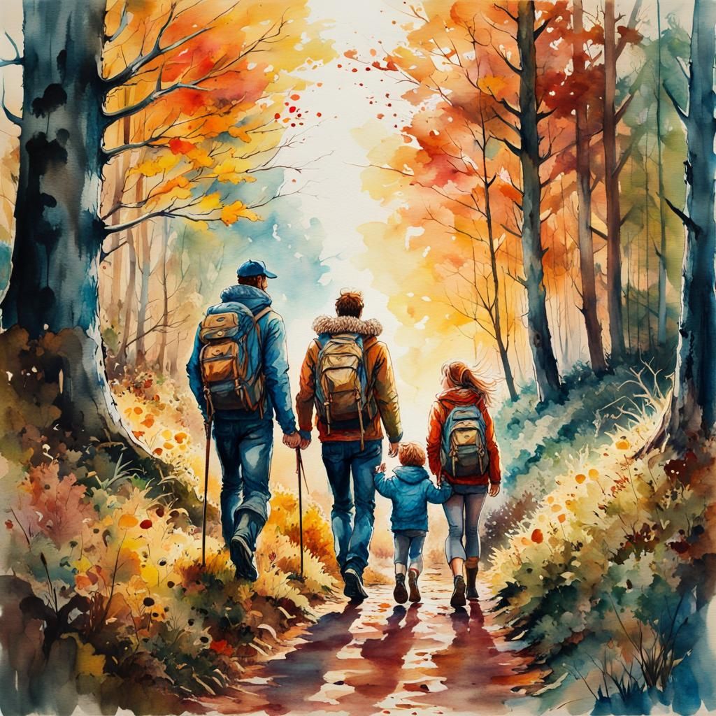 Family Hike on Autumn Trail in Watercolor Style