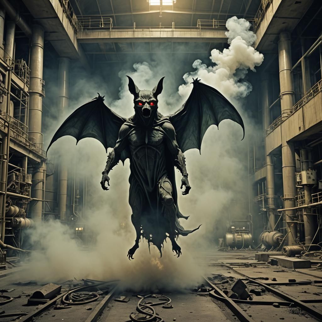 sinister eerie big demonic bat in the abonded nuclear plant