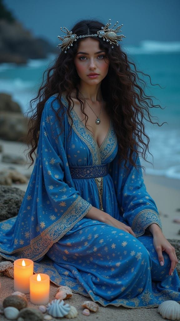Dreamy Cancer Zodiac Goddess in Celestial Blue Robes