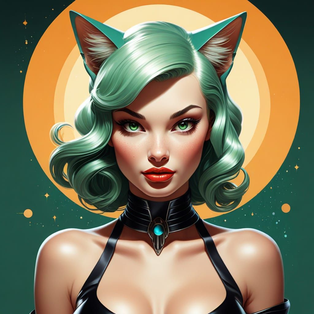 Whimsical Feline Alien Pin-up Girl in Golden Tones