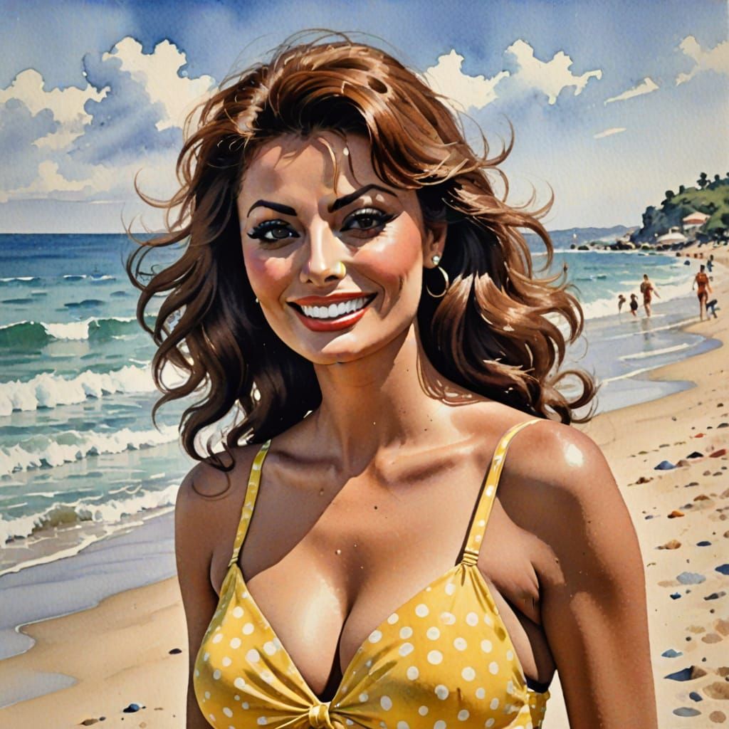 Sophia Loren on the Beach: Impressionistic Watercolor