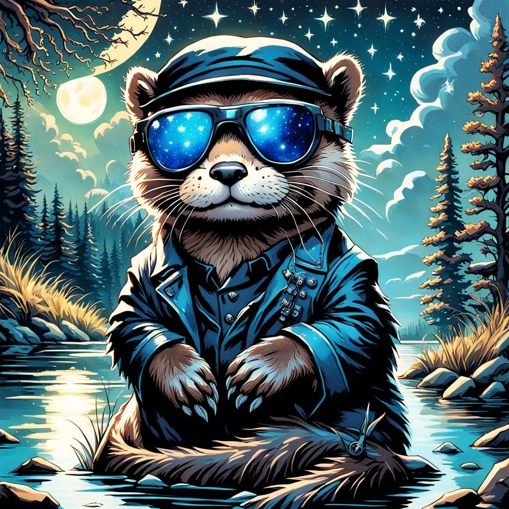 Bioluminescent Otter in High Gothic Watercolor Style